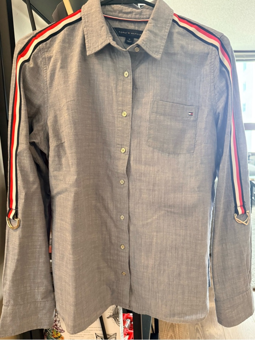 Tommy Hilfiger Women’s Denim Button-Up Shirt with Stripe Shoulder Detail